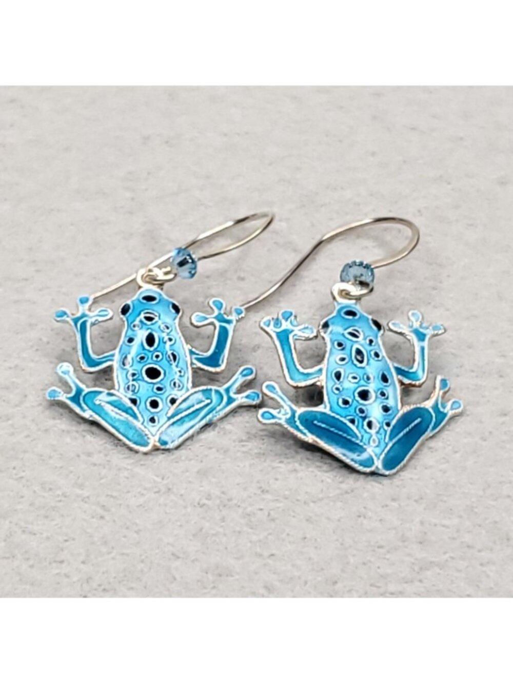 Sterling Silver Cloisonne Frog Earrings Dangle Blue Spotted 3/4" Bamboo Brand - Picture 2 of 7